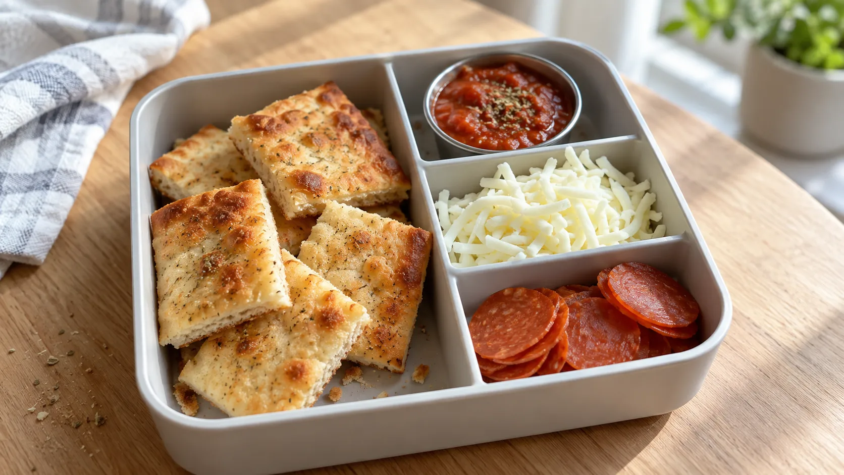 Homemade Pizza Lunchables with turkey pepperoni, mozzarella cheese, and pizza sauce in a bento box
