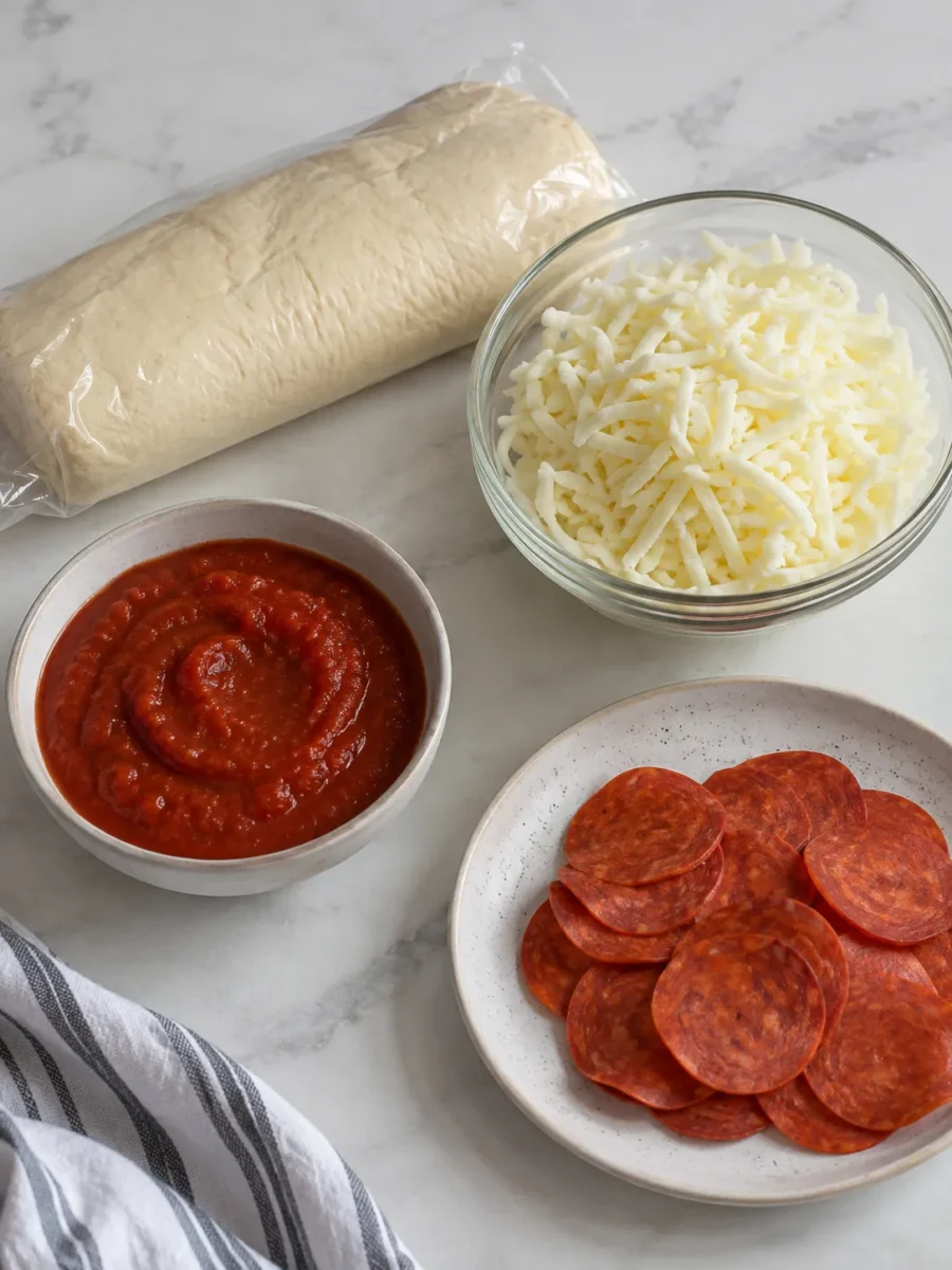 Ingredients for Homemade Pizza Lunchables, including pizza dough, mozzarella cheese, pizza sauce, and turkey pepperoni