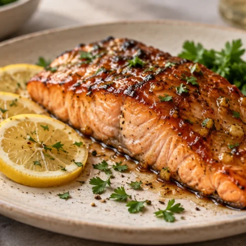 Baked salmon with honey garlic sauce on a plate