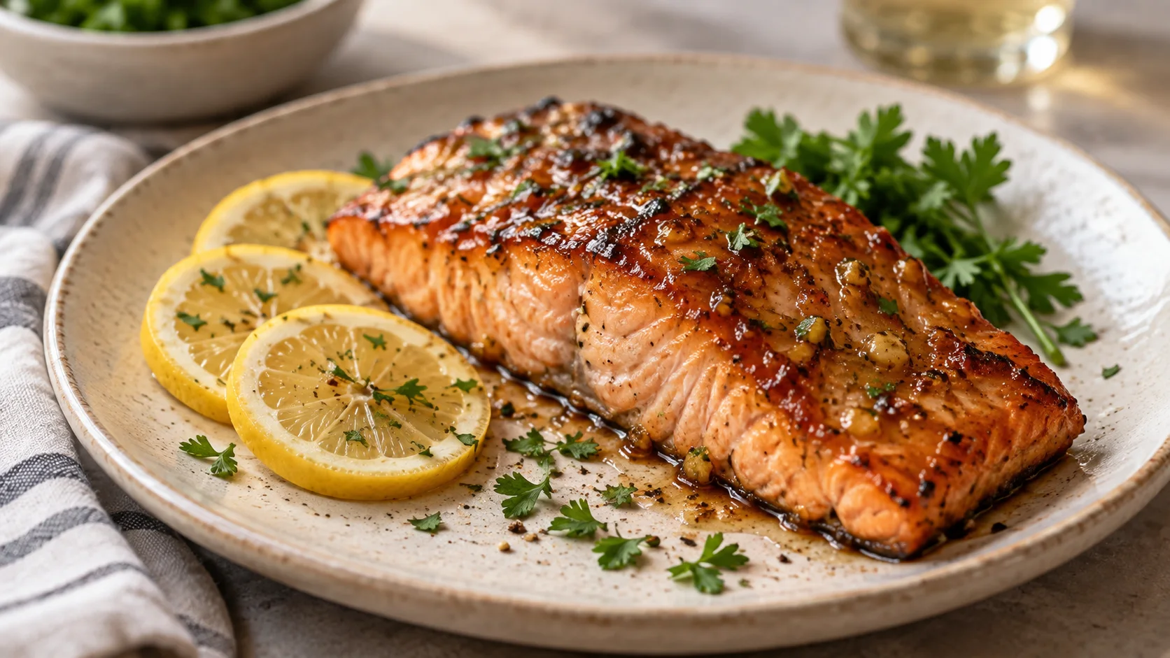 Baked salmon with honey garlic sauce on a plate