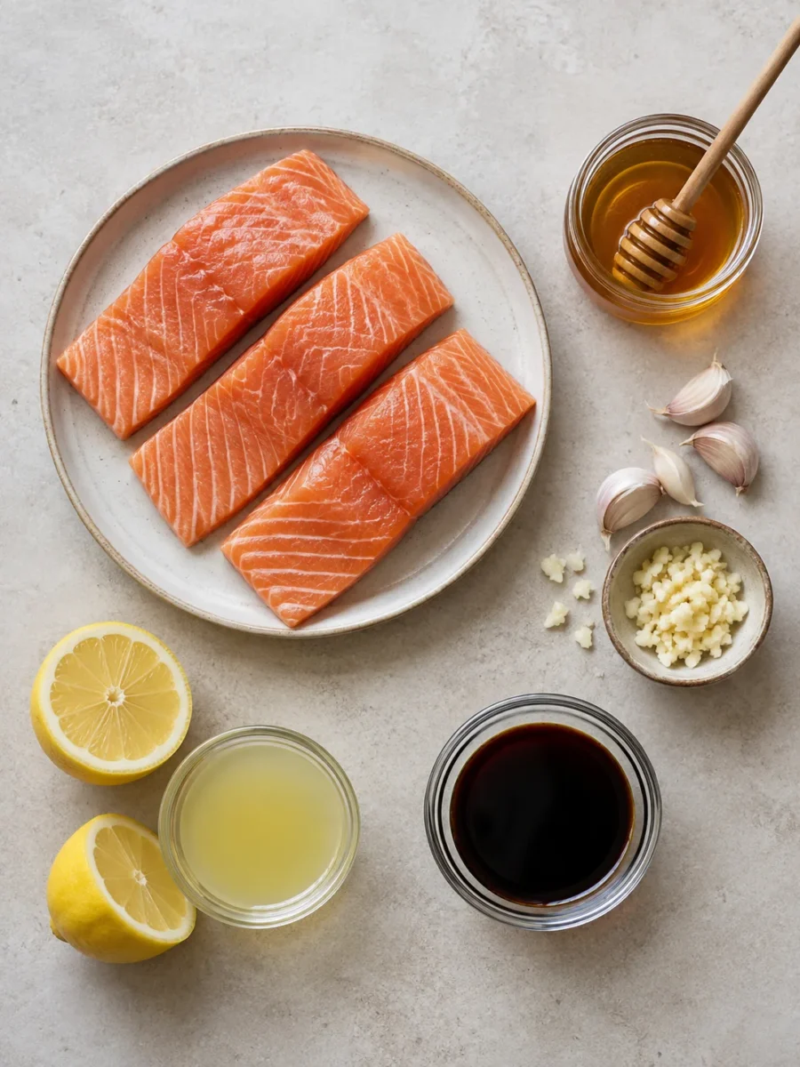 Salmon fillets, honey, garlic, soy sauce, and lemon juice on a table