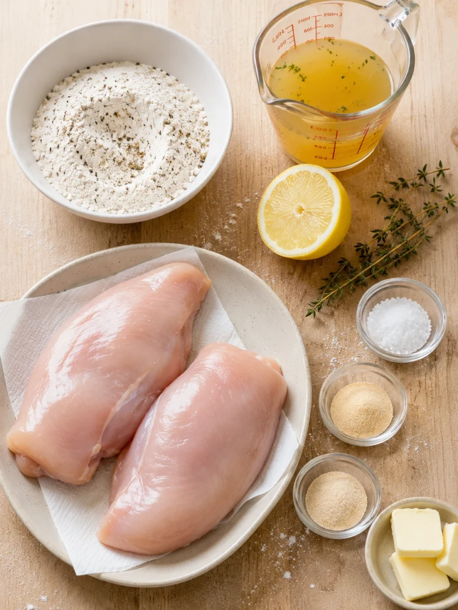 pan seared chicken breast Overhead view of raw chicken, flour, spices, chicken broth, lemon, and herbs organized on a kitchen counter.