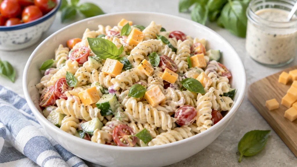 A large serving of kid-friendly pasta salad in a white bowl, garnished with fresh basil leaves and cubed cheddar cheese
