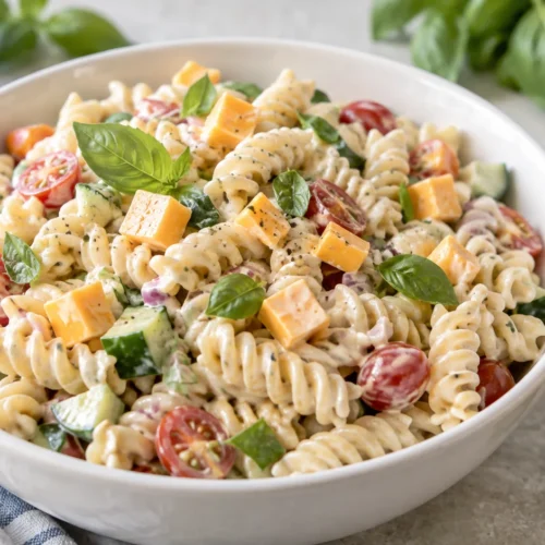 A large serving of kid-friendly pasta salad in a white bowl, garnished with fresh basil leaves and cubed cheddar cheese