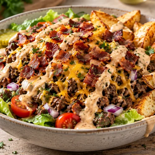 A professional overhead-angle shot of a burger bowl featuring ground beef, air-fried potato wedges, lettuce, cheese, and special sauce.