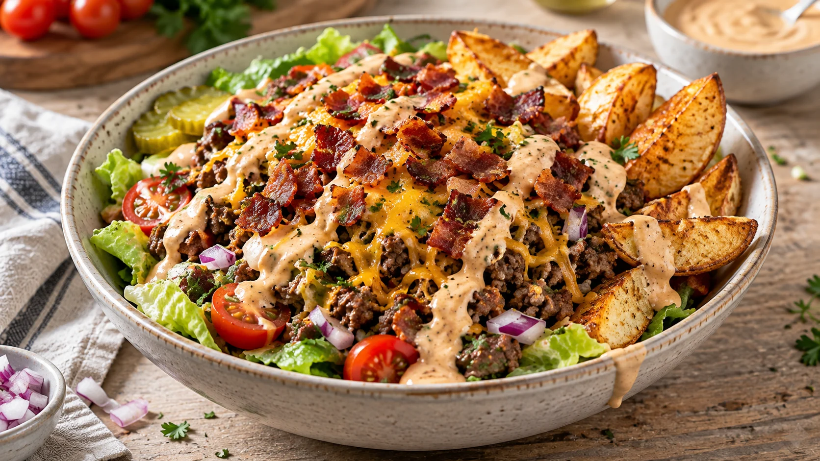 A professional overhead-angle shot of a burger bowl featuring ground beef, air-fried potato wedges, lettuce, cheese, and special sauce.