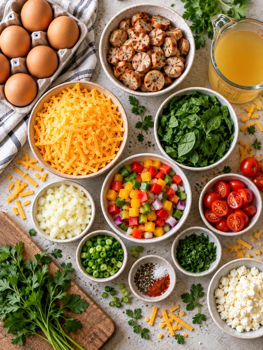 Ingredients for make ahead breakfast casserole, including eggs, chicken sausage, and cheese
