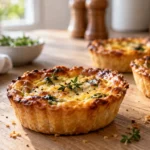Freshly baked mini quiche on a light wood kitchen table
