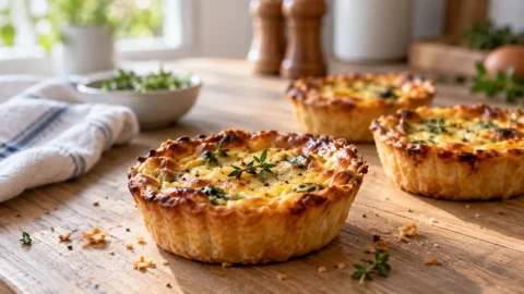 Freshly baked mini quiche on a light wood kitchen table