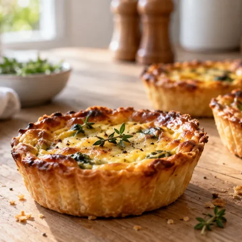 Freshly baked mini quiche on a light wood kitchen table