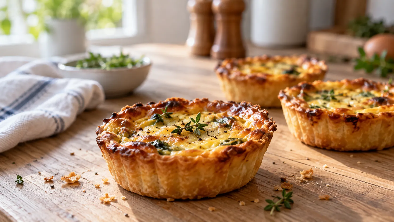 Freshly baked mini quiche on a light wood kitchen table