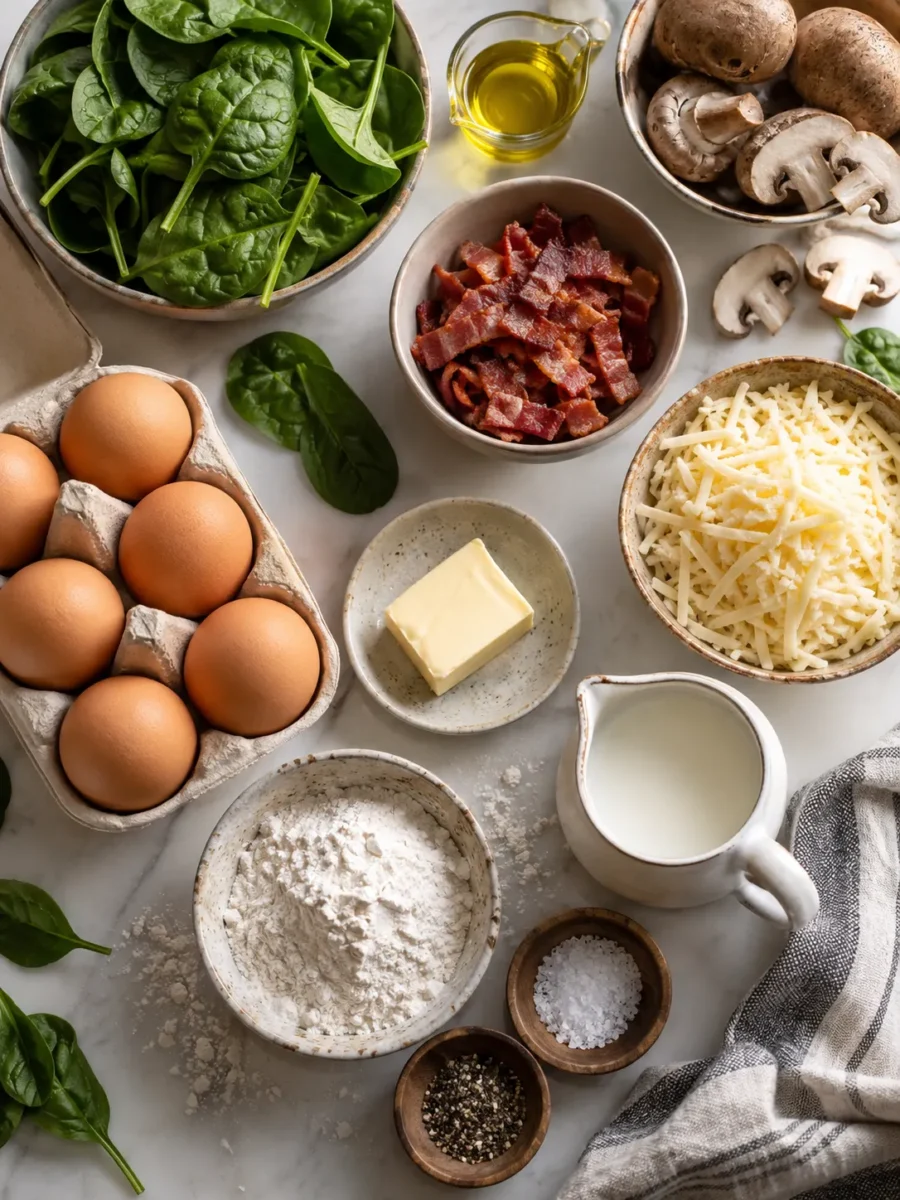 Ingredients for mini quiche, including eggs, cheese, and turkey bacon
