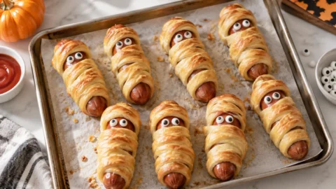 A tray of mummy hot dogs, freshly baked with golden brown crescent roll dough and candy eyes