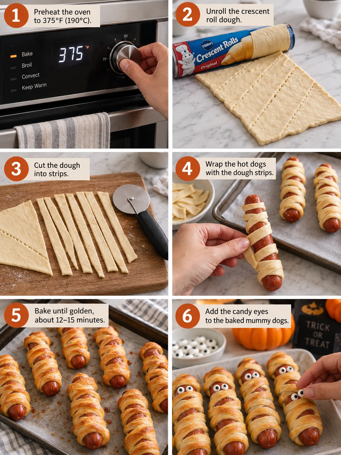 A step-by-step guide to making mummy hot dogs, with 6 clear and concise panels