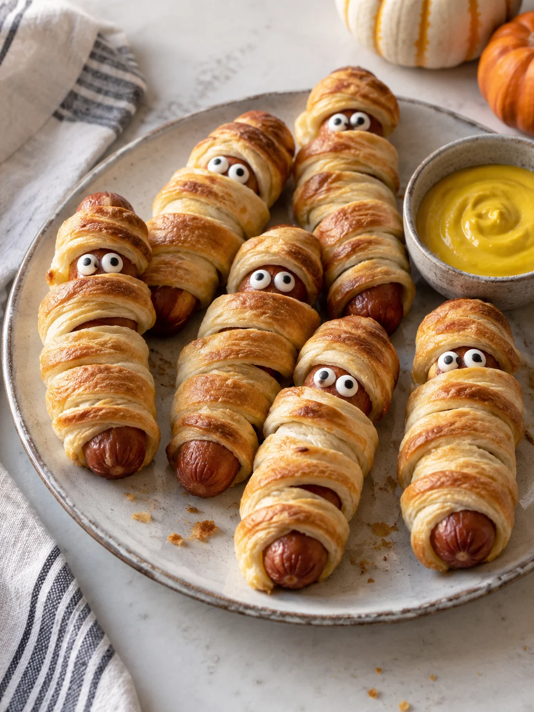 A serving of mummy hot dogs on a plate, with a side of yellow mustard for dipping