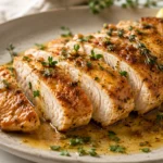 pan seared chicken breast A close-up, wide-angle shot of sliced pan-seared chicken breast with a golden crust and glossy herb sauce on a white plate.