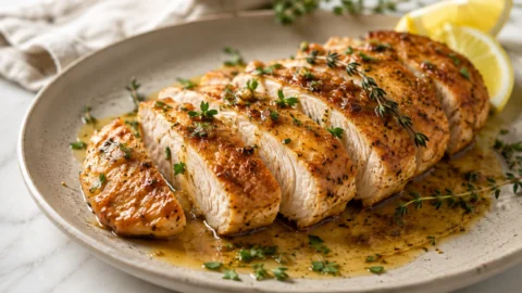 pan seared chicken breast A close-up, wide-angle shot of sliced pan-seared chicken breast with a golden crust and glossy herb sauce on a white plate.