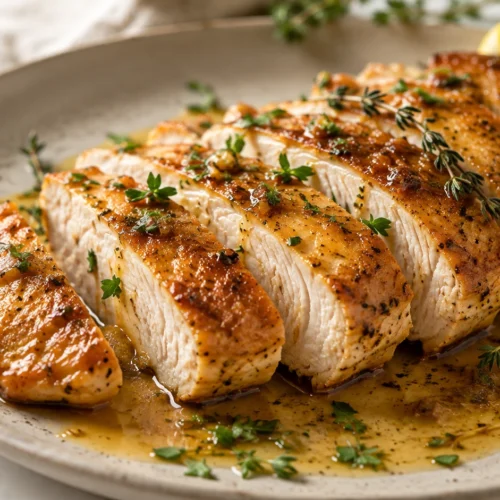 pan seared chicken breast A close-up, wide-angle shot of sliced pan-seared chicken breast with a golden crust and glossy herb sauce on a white plate.