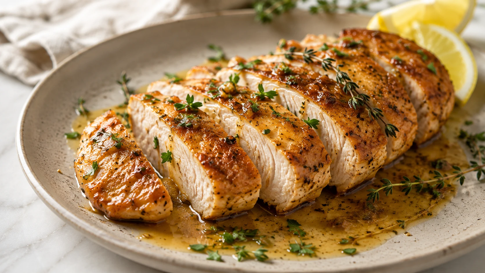 pan seared chicken breast A close-up, wide-angle shot of sliced pan-seared chicken breast with a golden crust and glossy herb sauce on a white plate.