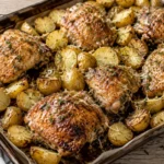 A wide-angle shot of golden roasted chicken thighs and crispy potato wedges on a parchment-lined baking sheet, garnished with herbs and Parmesan.