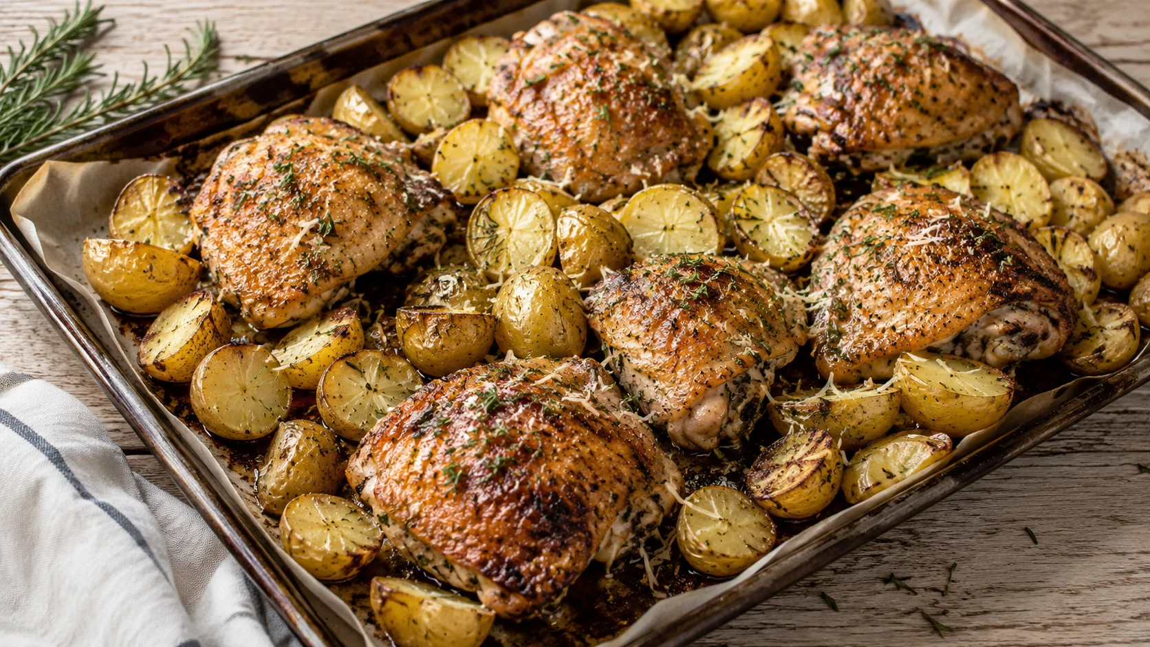 A wide-angle shot of golden roasted chicken thighs and crispy potato wedges on a parchment-lined baking sheet, garnished with herbs and Parmesan.