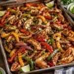 A large sheet pan filled with cooked chicken, bell peppers, and onions, served with warm flour tortillas and toppings