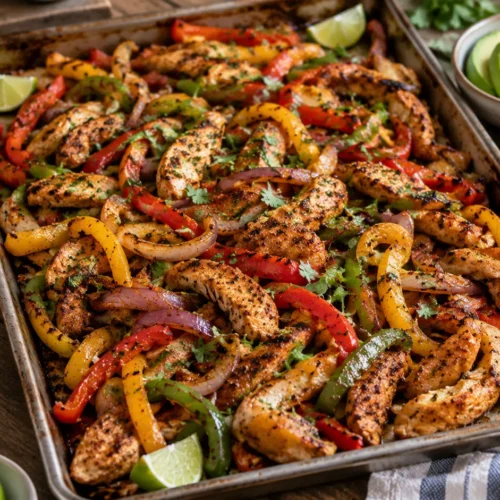 A large sheet pan filled with cooked chicken, bell peppers, and onions, served with warm flour tortillas and toppings
