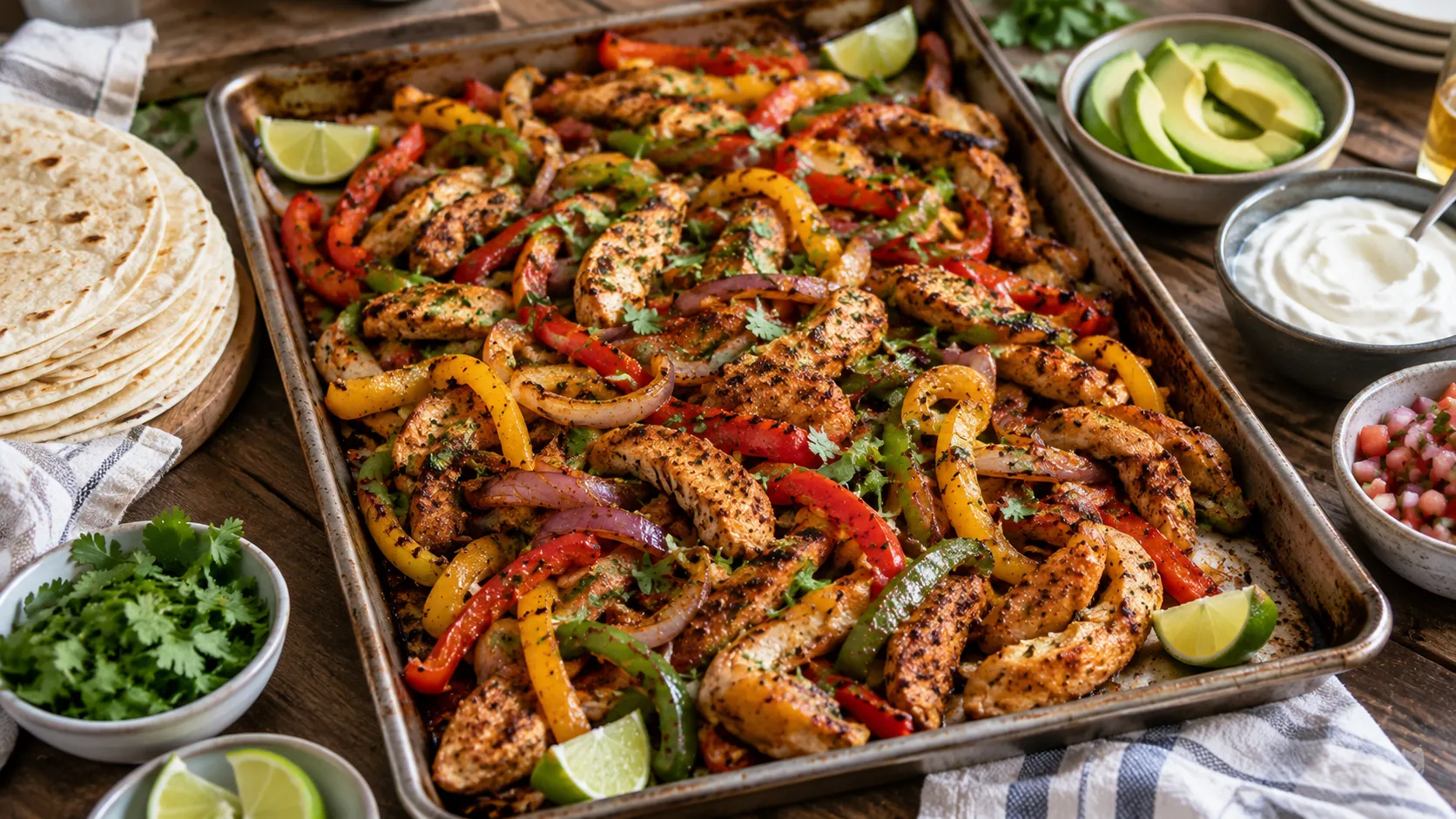 A large sheet pan filled with cooked chicken, bell peppers, and onions, served with warm flour tortillas and toppings