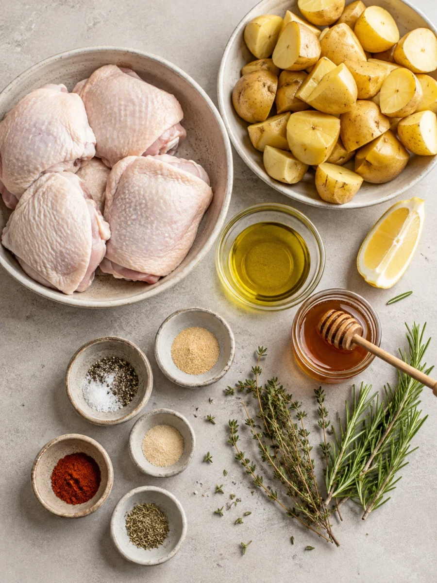 Top-down view of raw chicken, chopped potatoes, olive oil, lemon, honey, and fresh herbs arranged on a stone surface.