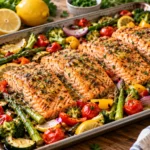 Sheet pan salmon with green beans and potatoes, cooked to perfection