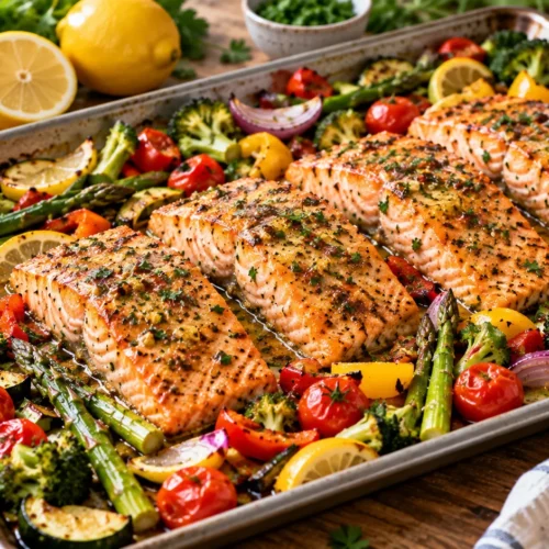 Sheet pan salmon with green beans and potatoes, cooked to perfection