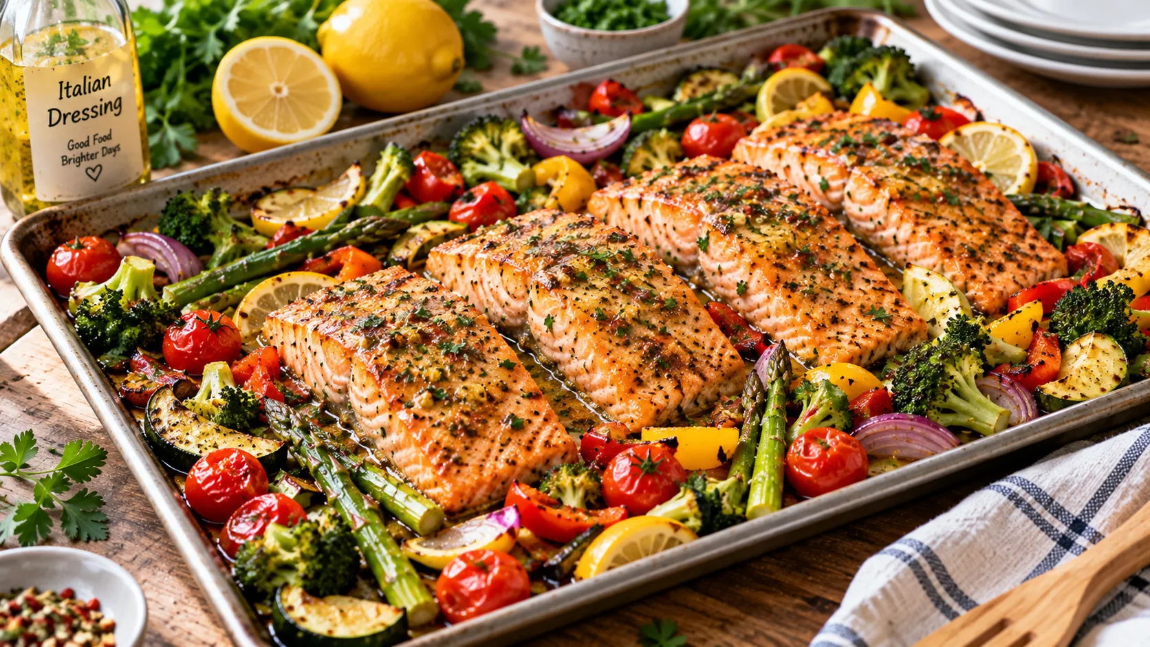 Sheet pan salmon with green beans and potatoes, cooked to perfection