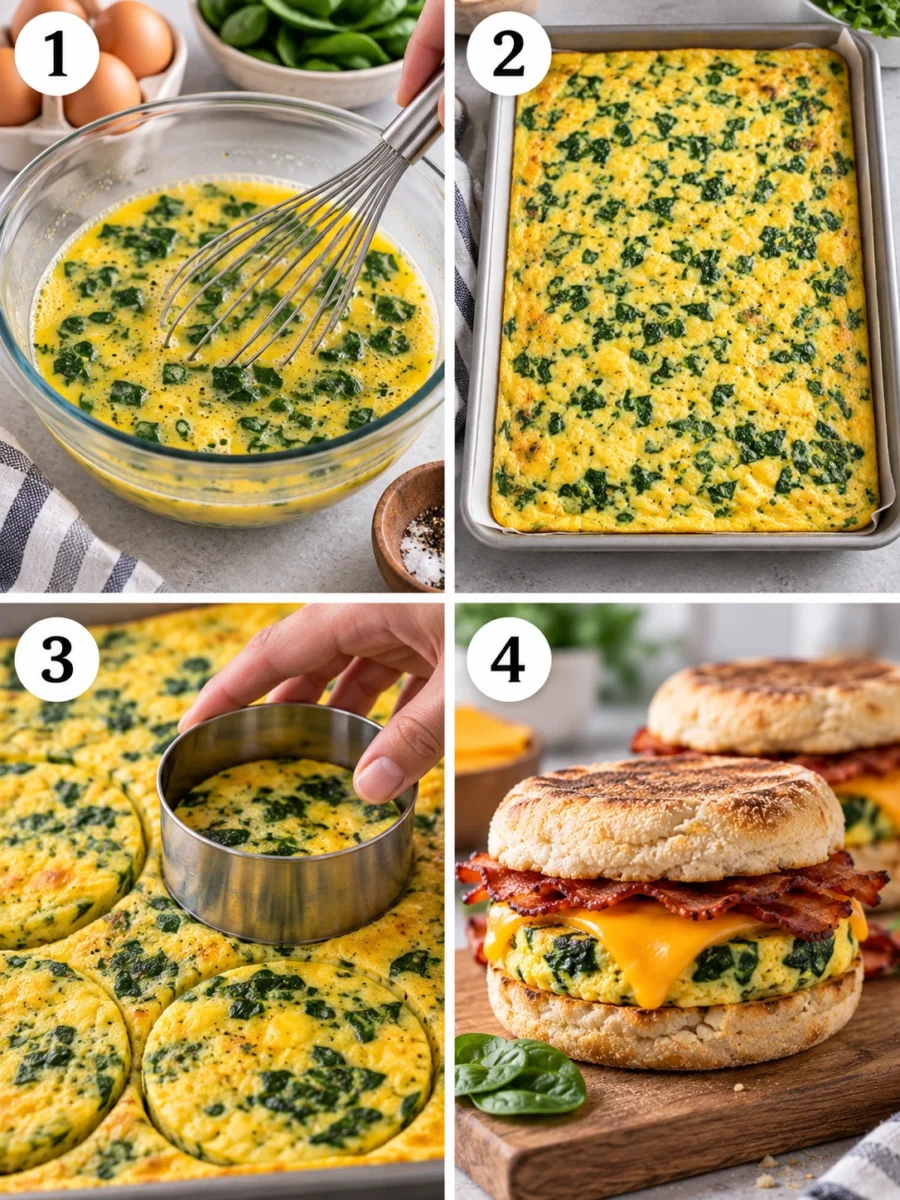 A collage showing the 4 steps of making breakfast sandwiches: whisking, baking, cutting, and assembling.