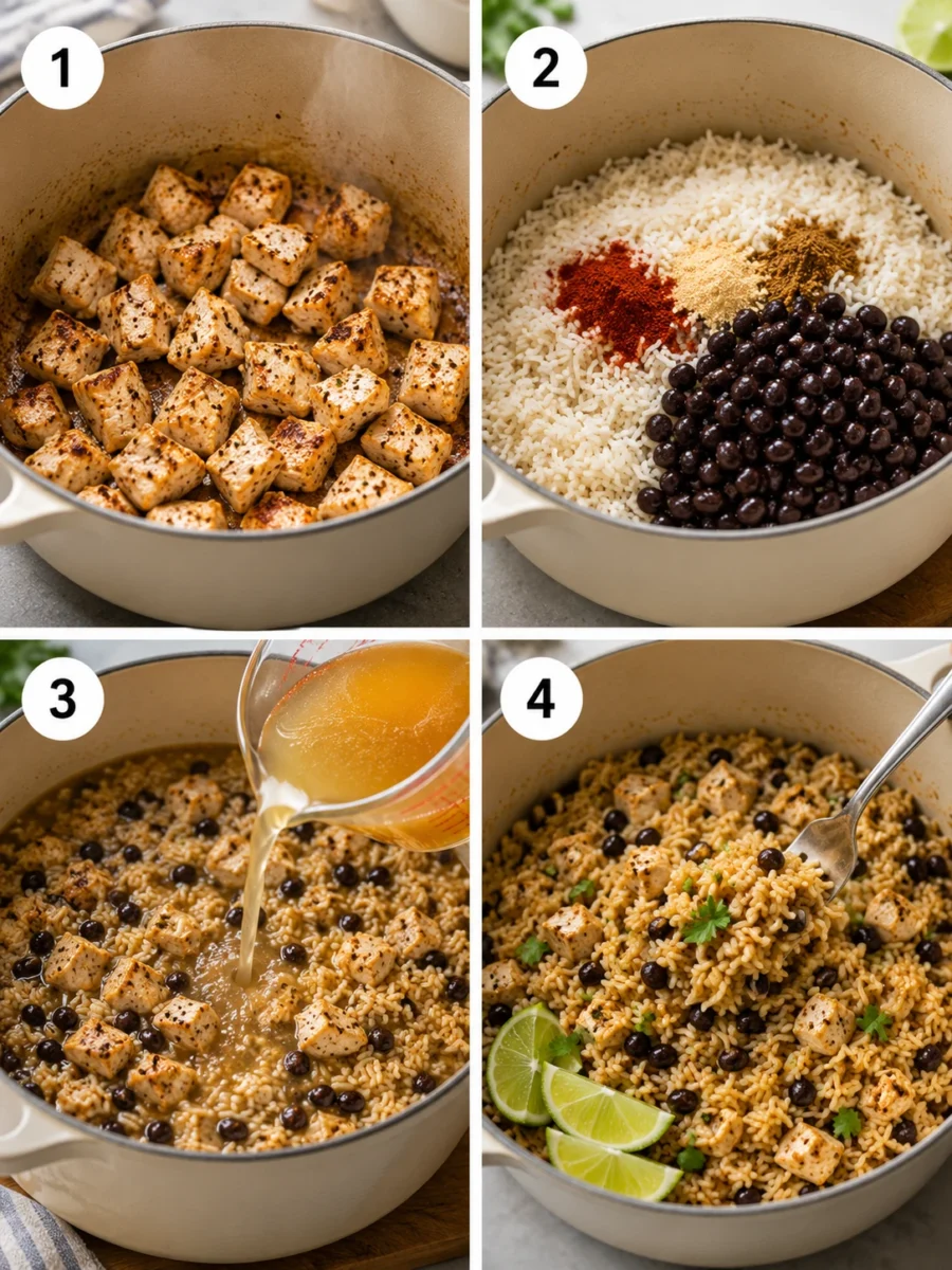 A collage of four images showing the steps of cooking a chicken burrito bowl, from sautéing chicken to fluffing the final rice.