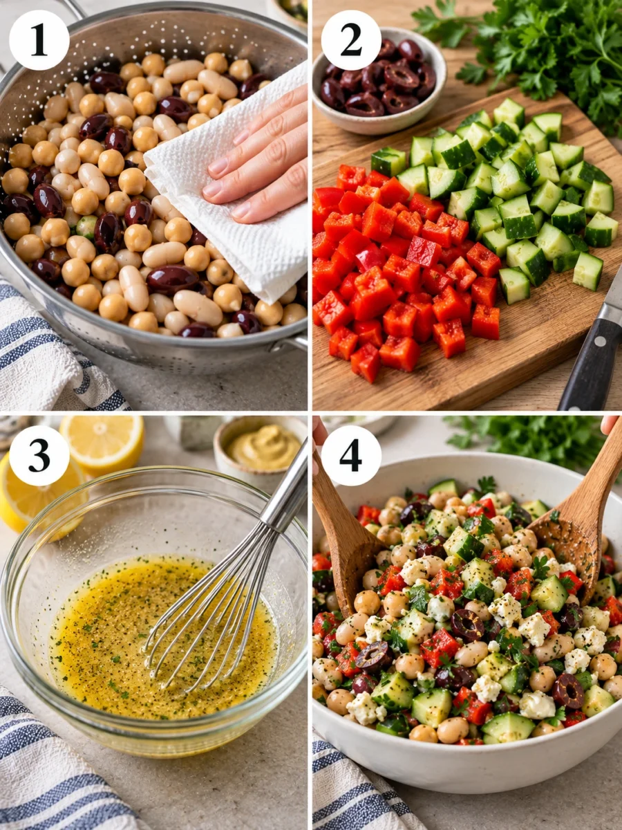 A four-panel collage showing the steps: drying beans, dicing vegetables, making dressing, and tossing the salad.