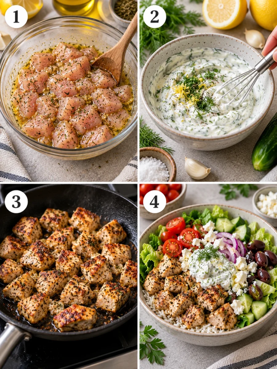 A four-panel collage showing the process of marinating, making sauce, cooking chicken, and assembling Greek bowls.