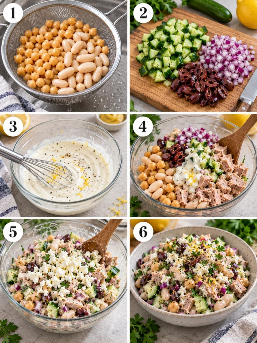 A vertical collage showing six steps of making high protein tuna salad, from draining beans to the final dish.