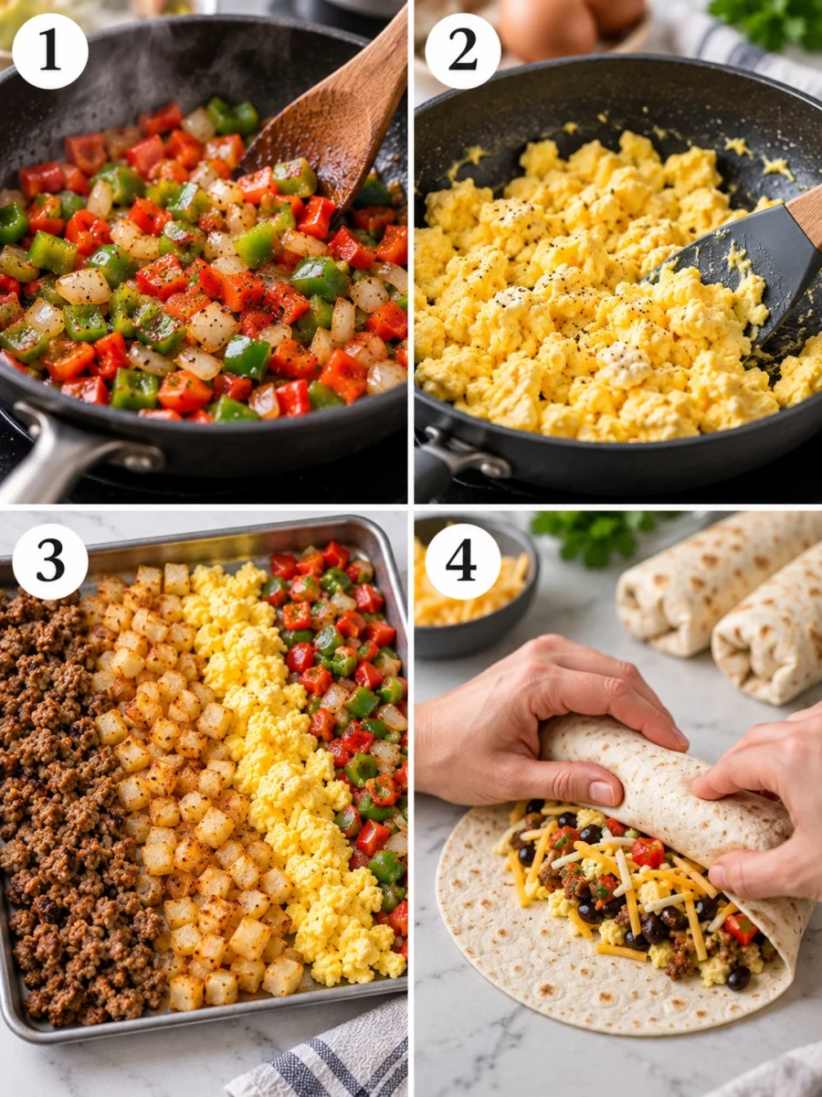 A 4-step collage showing sautéing vegetables, scrambling eggs, cooling ingredients, and rolling the burrito.