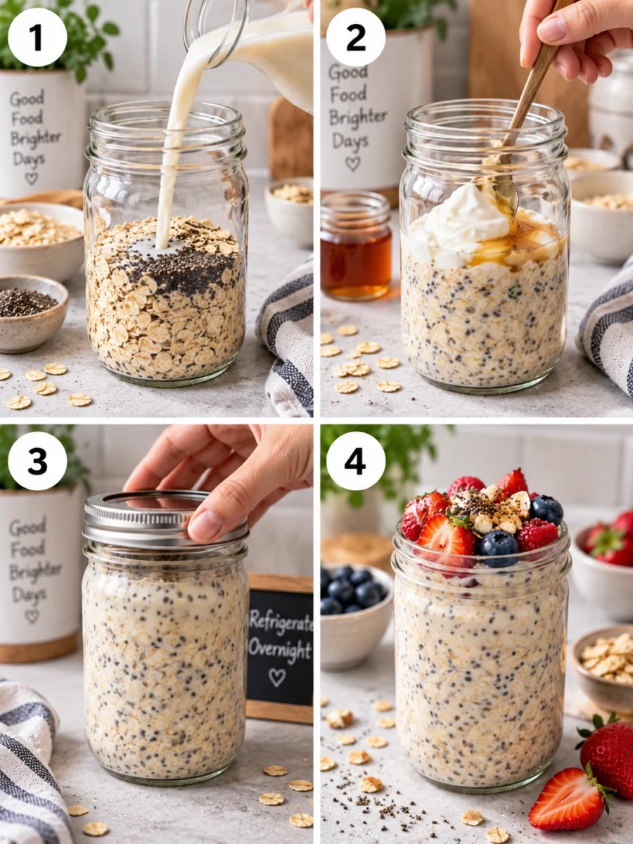 A four-panel collage showing the process of making overnight oats from pouring milk to adding toppings.