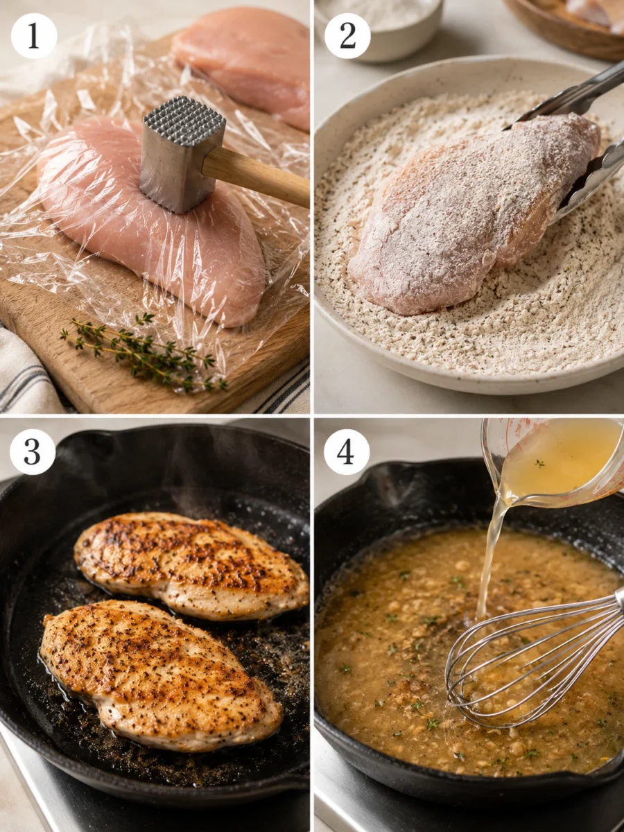 pan seared chicken breast A 4-step collage showing pounding, dredging, searing, and sauce-making for pan-seared chicken.