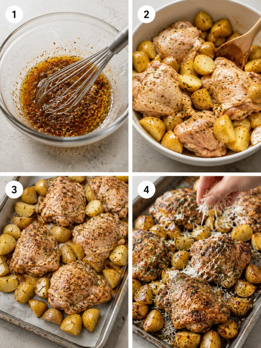 A 4-step collage showing the process of making sheet pan chicken and potatoes from mixing the marinade to the final garnish.