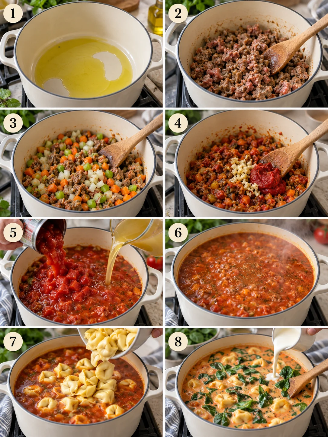 Step-by-step cooking instructions for tortellini soup, including sautéing vegetables and cooking tortellini