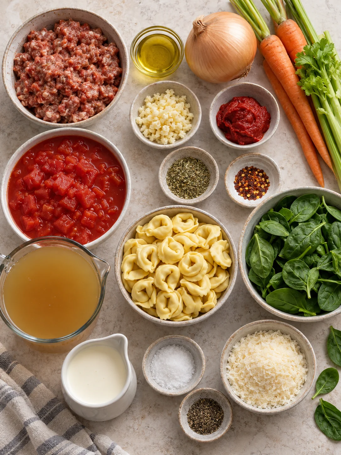 Flat-lay of ingredients for tortellini soup, including ground beef Italian sausage, vegetables, and cheese tortellini