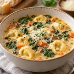 Steaming hot bowl of tortellini soup with Parmesan cheese and baby spinach