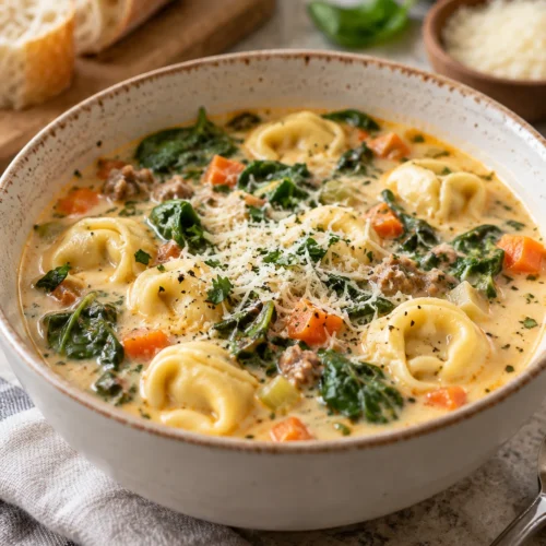 Steaming hot bowl of tortellini soup with Parmesan cheese and baby spinach