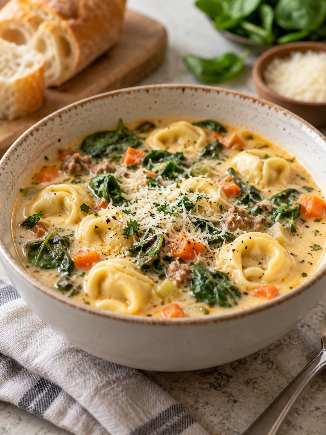 Steaming hot bowl of tortellini soup with Parmesan cheese and baby spinach