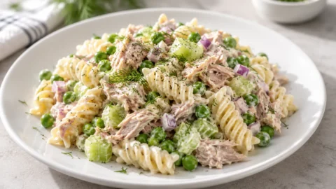 A freshly prepared tuna pasta salad on a white plate