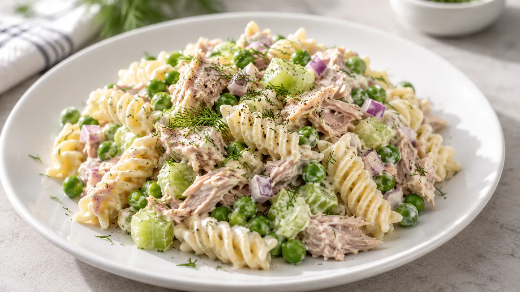 A freshly prepared tuna pasta salad on a white plate