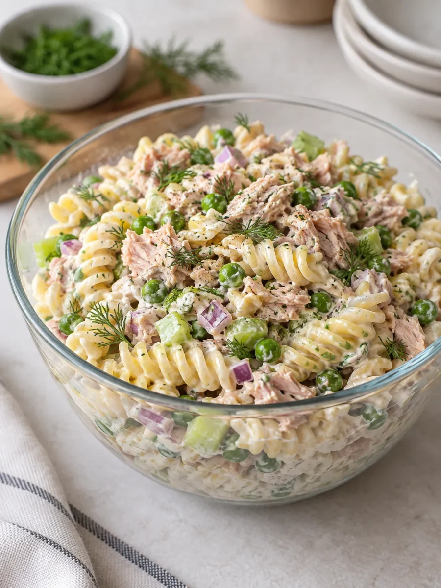 A serving of the tuna pasta salad in a glass bowl