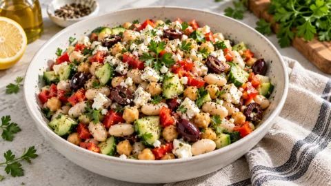 A colorful dense bean salad with chickpeas, navy beans, cucumbers, red peppers, olives, and feta in a white bowl on a stone counter.